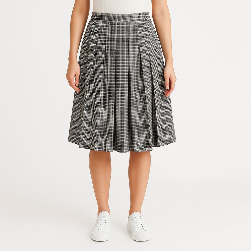 Maple & Cliff Pleated Plaid Skirt Gray Blue Brown Size L (NWOT)